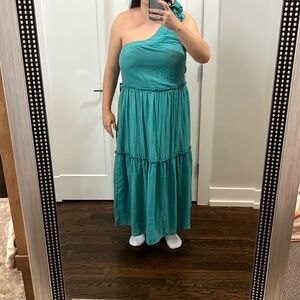 Turquoise One-Shoulder Midi Dress